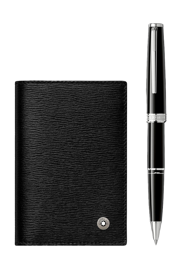 Montblanc Gift Set With PIX Black Rollerball Pen And Westside Business Card Holder With V Gusset – Black