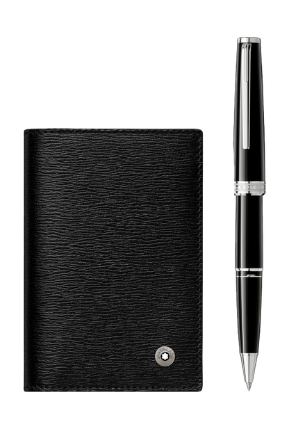 Montblanc Gift Set With PIX Black Rollerball Pen And Westside Business Card Holder With V Gusset – Black