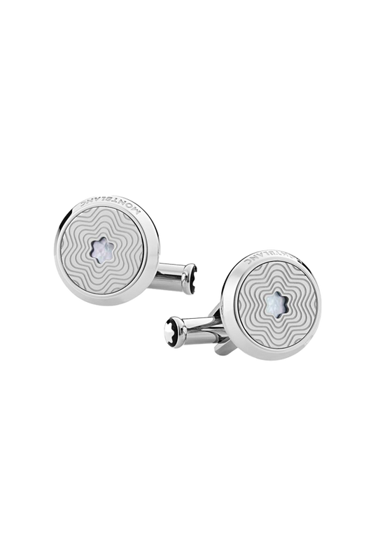 Cufflinks, round in stainless steel with exploding star pattern and mother-of-pearl snowcap emblem