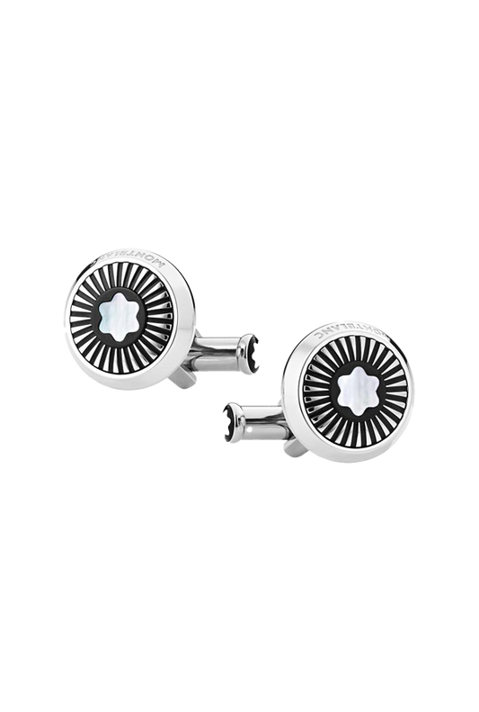 Cufflinks, round in stainless steel with ray pattern and mother-of-pearl snowcap emblem