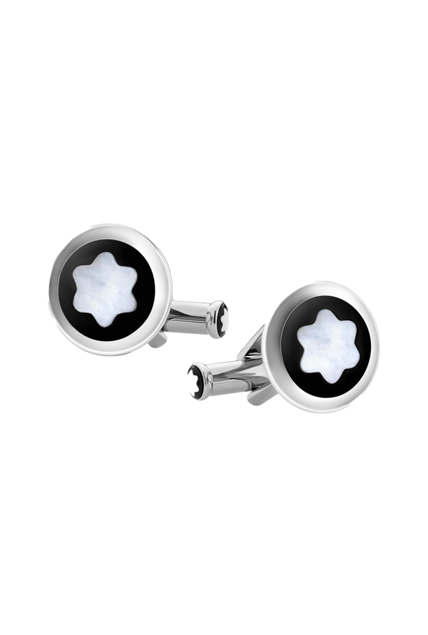 Cufflinks, round in stainless steel with black PVD inlay and mother-of-pearl snowcap emblem