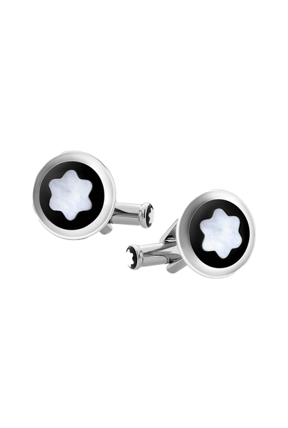 Cufflinks, round in stainless steel with black PVD inlay and mother-of-pearl snowcap emblem