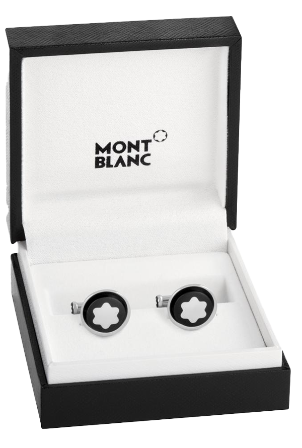 Cufflinks, round in stainless steel with black PVD inlay and mother-of-pearl snowcap emblem