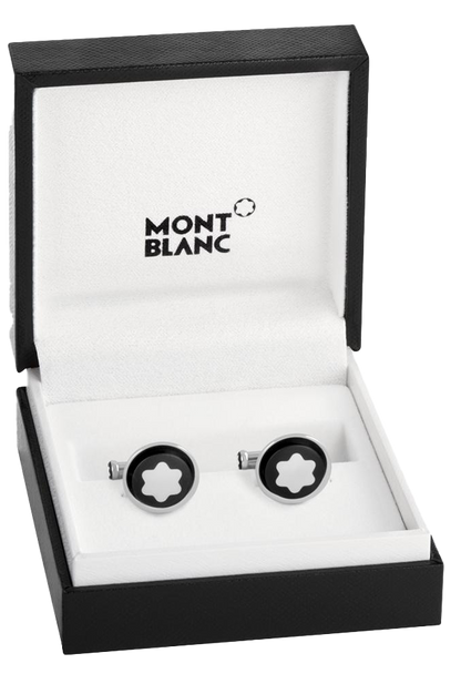 Cufflinks, round in stainless steel with black PVD inlay and mother-of-pearl snowcap emblem