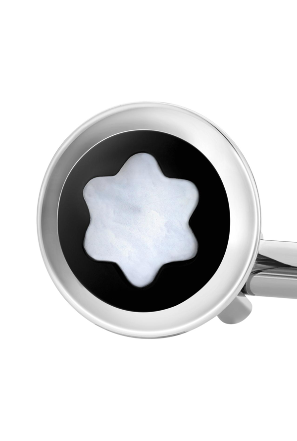 Cufflinks, round in stainless steel with black PVD inlay and mother-of-pearl snowcap emblem