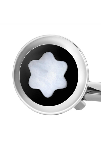 Cufflinks, round in stainless steel with black PVD inlay and mother-of-pearl snowcap emblem