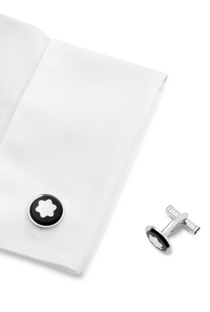 Cufflinks, round in stainless steel with black PVD inlay and mother-of-pearl snowcap emblem