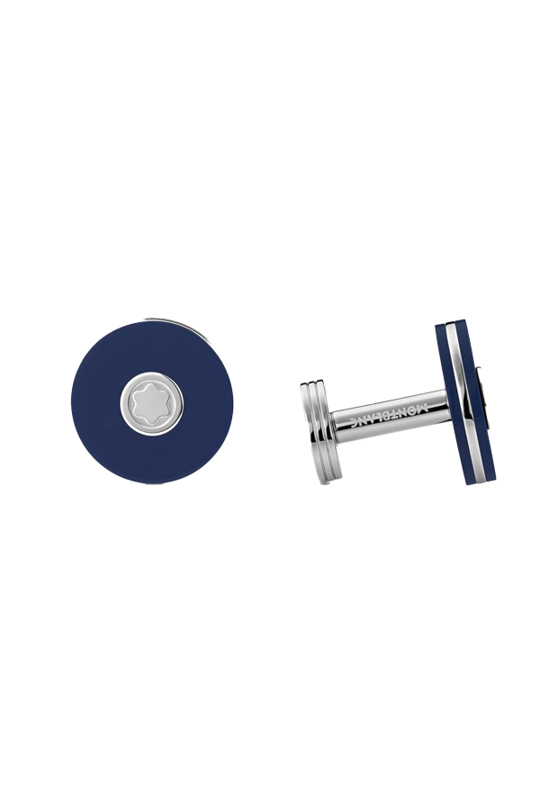 Cufflinks, round in stainless steel with blue resin