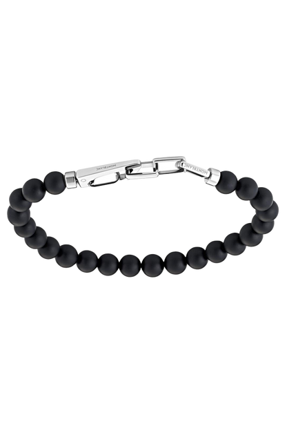 Onyx-bead bracelet with carabiner closure in stainless steel