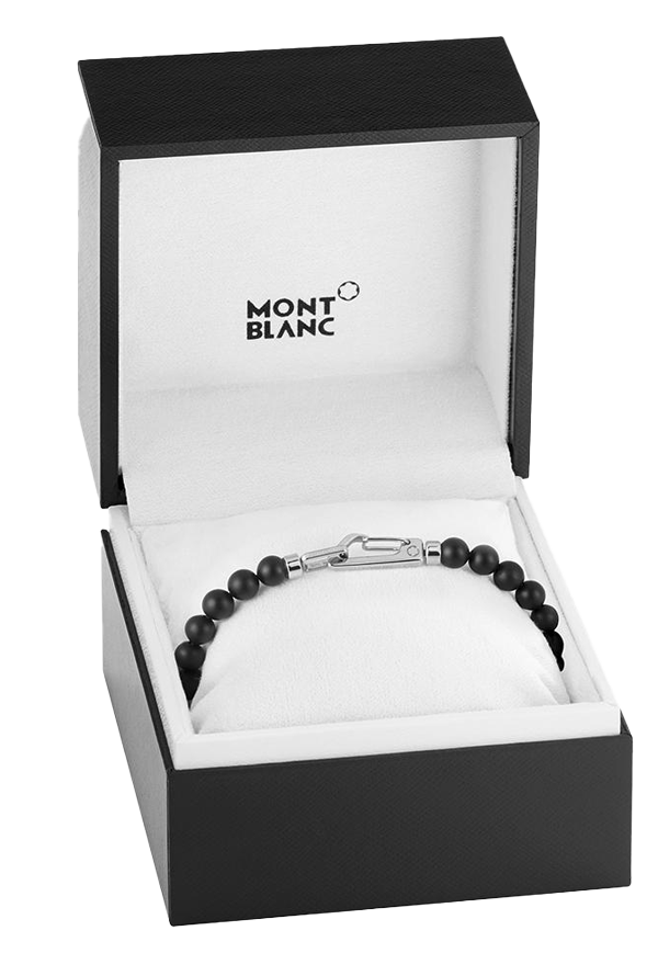 Onyx-bead bracelet with carabiner closure in stainless steel