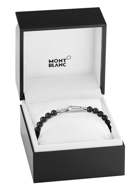 Onyx-bead bracelet with carabiner closure in stainless steel